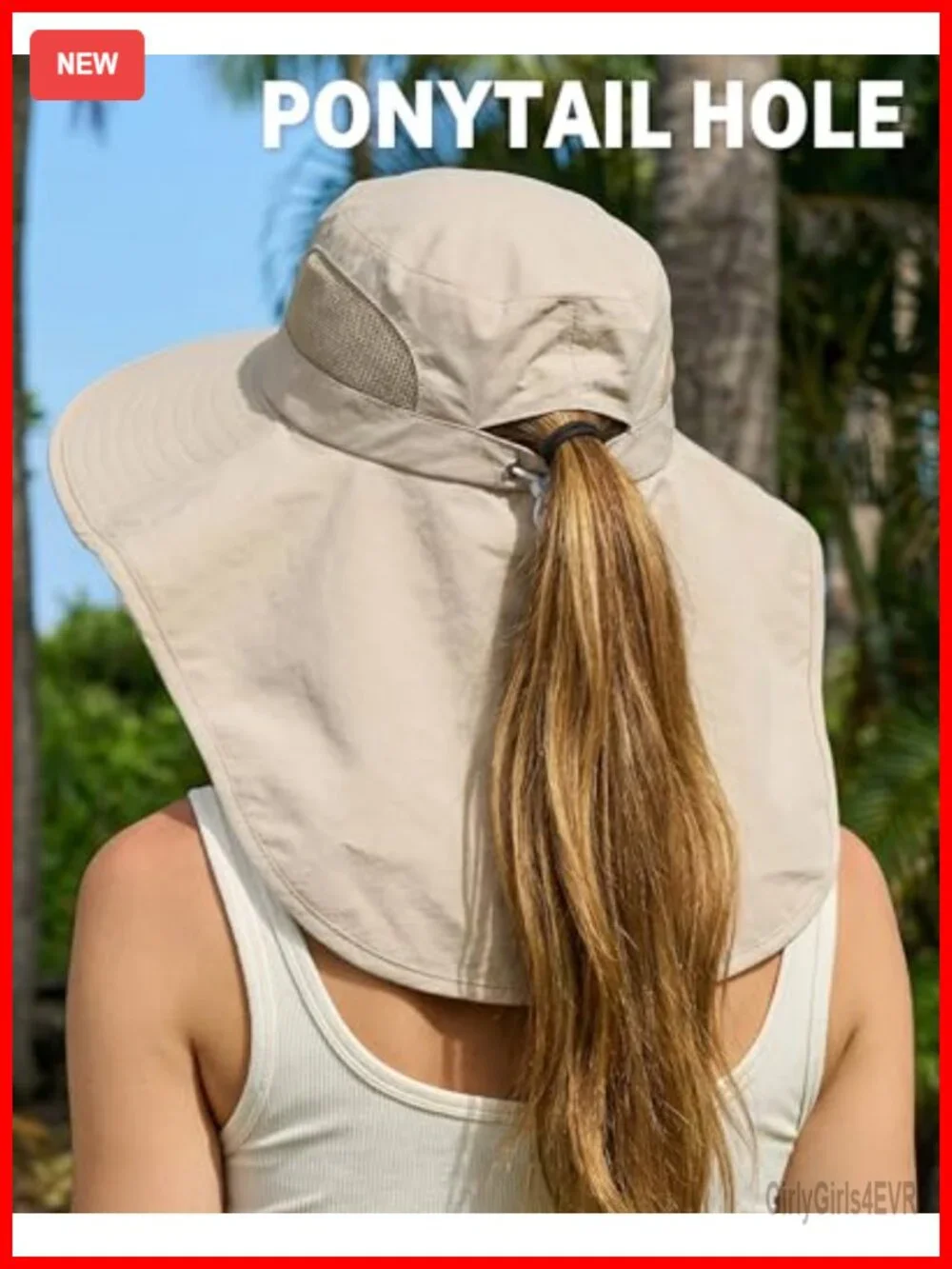 Wide Brim Bucket Hat with Ponytail Hole & Neck Cover, Upf 50+